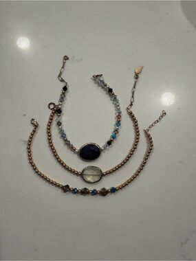 14 K Gold Filled Beaded Bracelet Set with Blue and Clear Stone Accents